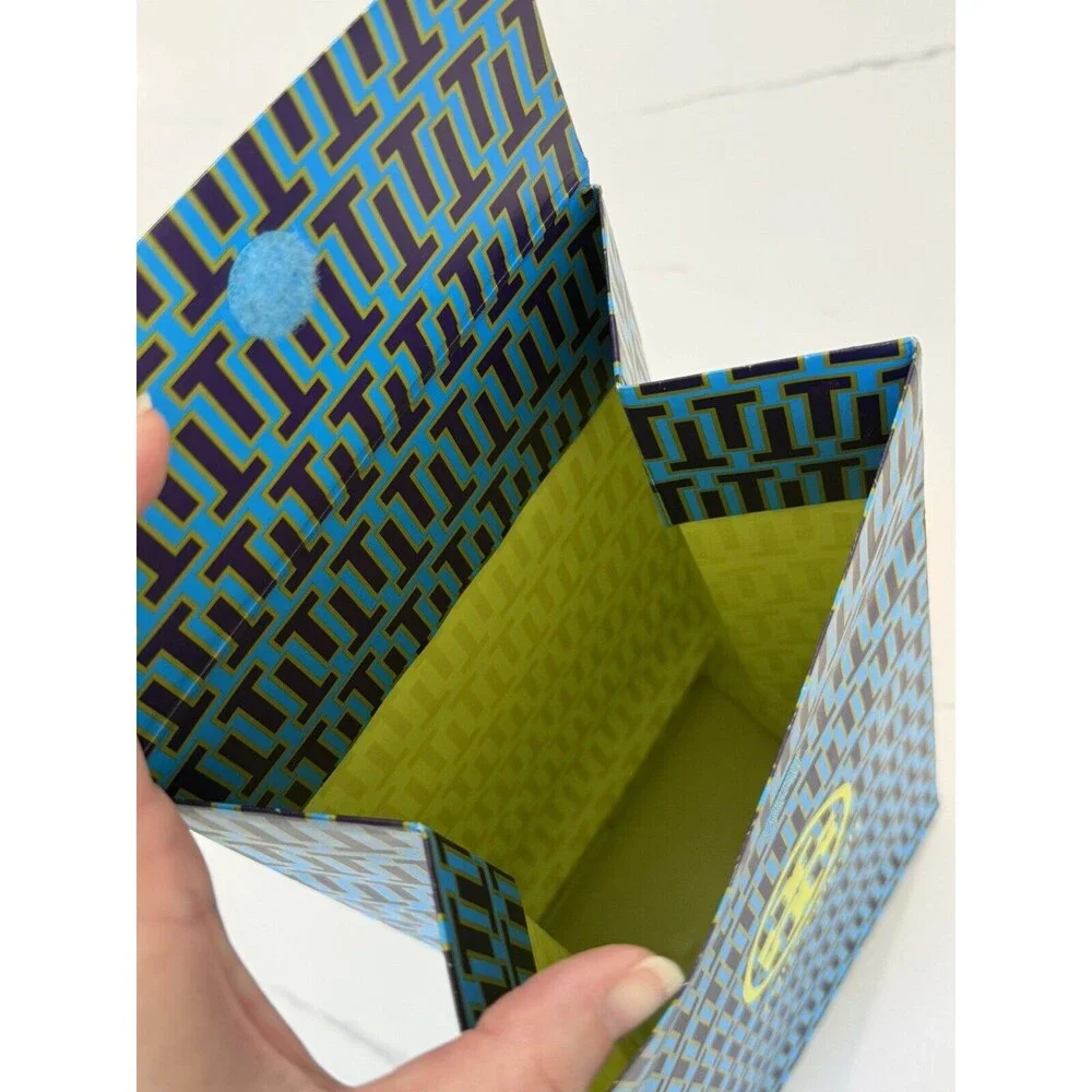 Tory Burch Blue Lime Geometric Gift Bag‎ 13x7x5 Tall Decor Flap Closure EUC